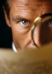 Business documentation inspecting detail as man examines document with magnifier; professional auditor checks paper, investigates text, explores analysis, inspects information, examines sheet