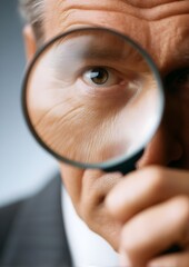 Business documentation inspecting document with magnifier by man to examine detail, analysis, audit, control, investigate text, research information on paper, metaphor for inspection of data