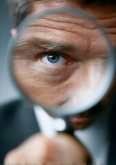 Business documentation inspecting magnifier glass detail analysis by professional man examining document text page research composition control datum inspection investigate auditor concept people