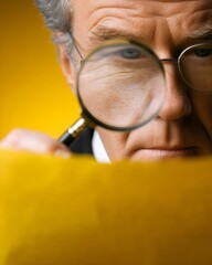 Business documentation inspecting detail: man examines document with magnifier, research paper, sheet analysis, auditor control, professional inspection, explore text, investigate datum