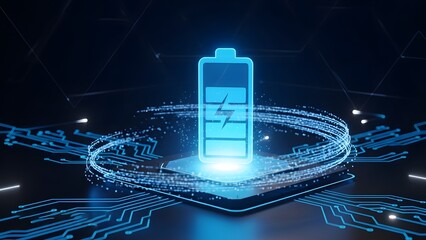 Glowing blue battery icon on a circuit board. Energy storage and renewable power technology. Digital charging symbol with data trails representing high performance mobile energy.