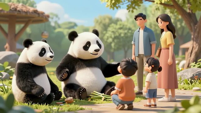 3D animated family interacting with giant pandas in a park