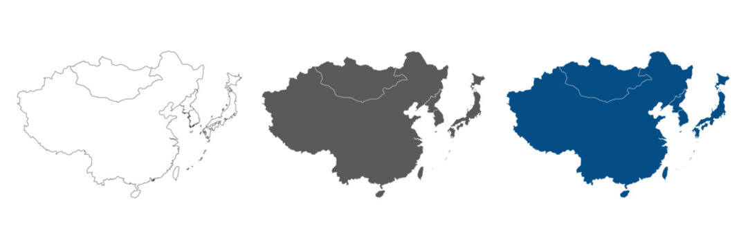 East Asia Line Map Set with White Blue and Grey Color Variations. East Asia plain set.