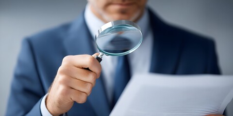 Business documentation inspection: Man examines text detail with magnifier, explore paper, analyze document composition, auditor checks information, professional research, inspect page datum, concept 