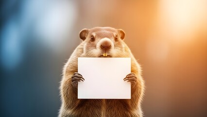 Groundhog day celebration with furry weather predictor holding blank sign