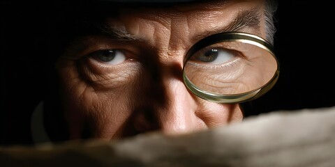 Business documentation inspection: man examines document with magnifier, inspecting detail, analyzing text, auditor checks paper, professional examines sheet, research control, investigate