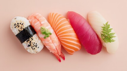 A vibrant assortment of sushi, showcasing various types including salmon, shrimp, and tuna, arranged neatly against a soft pink background.