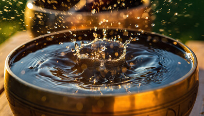 Intense vibration creates water splash inside golden singing bowl during zen meditation sound therapy. Macro view captures resonance energy and liquid droplet motion evoking deep spiritual peace