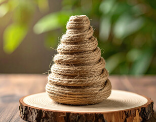 Handmade rope cone sitting wood slice brings peaceful nature vibes to room. Spiral jute twine craft with rustic texture represents sustainable eco fiber art. Simple brown coil decoration object