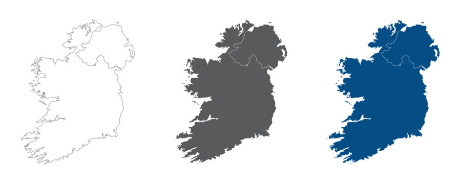 Ireland and Northern Ireland Line Map Set with White Blue and Grey Color Variations. Ireland and Northern Ireland plain map.