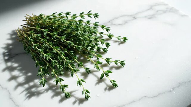 Fresh Thyme Herb Animated On Marble Surface With Natural Light And Soft Shadows