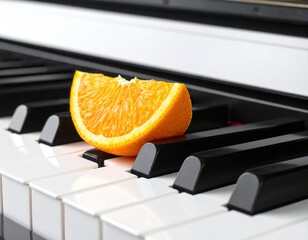 Fresh citrus orange fruit slice resting on black and white piano key creating artistic musical concept. Healthy food snack meets classical instrument melody in creative studio macro closeup shot