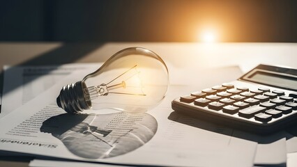 Glowing light bulb resting on financial documents next to a calculator. Creative business ideas and tax planning. Bright bulb representing inspiration and cost analysis for a startup.