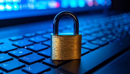 Locked laptop keyboard with gold padlock on key, secure, protection, close-up, blue screen glow, restricted access