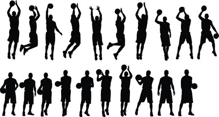 Large collection of black silhouettes featuring various basketball players in action poses jumping shooting and dribbling for sports competition team branding and athletic recreation © MSTNASRIN