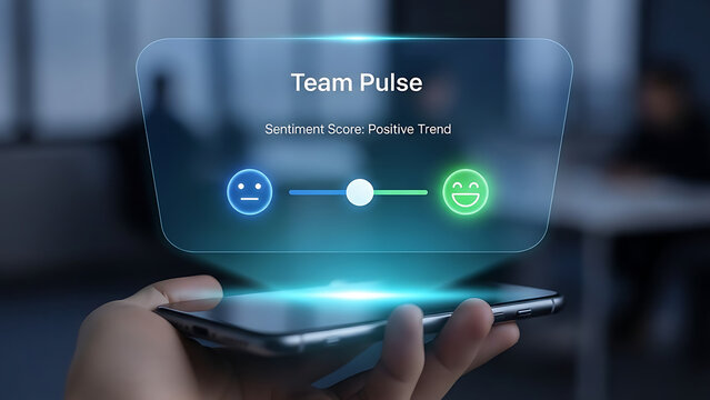 Hand holding smartphone with team pulse sentiment score interface on screen showing positive trend in office background - Powered by Adobe