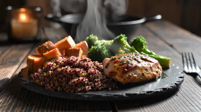 Healthy Balanced Meal On Slate Plate Featuring Quinoa, Sweet Potato, Broccoli, and Chicken
