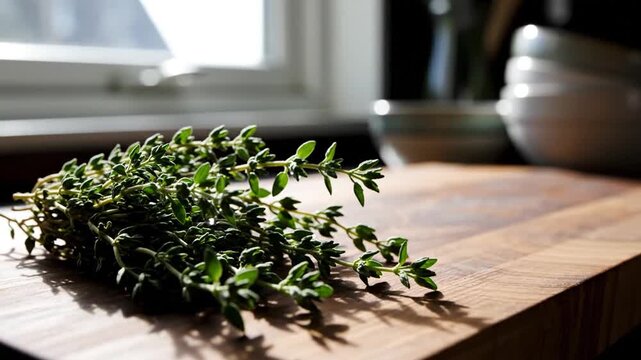 Fresh Thyme Sprigs On Wooden Cutting Board With Natural Sunlight By The Window Still Life
