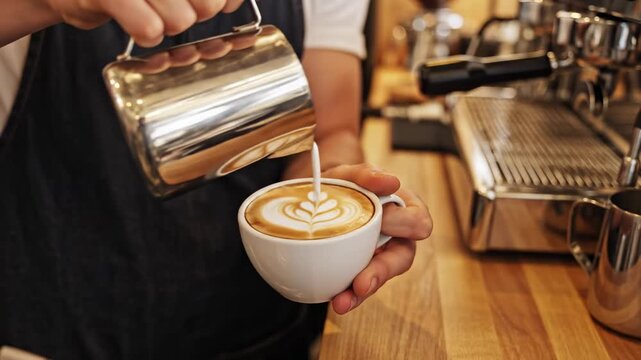 A professional barista carefully pours creamy steamed milk into a white cup of espresso, creating an intricate rosette latte art pattern in the warm atmosphere of a modern cafe.