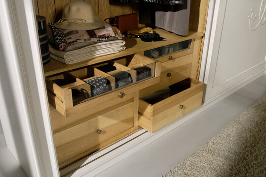 Close up of the inside of a fitted wardrobe