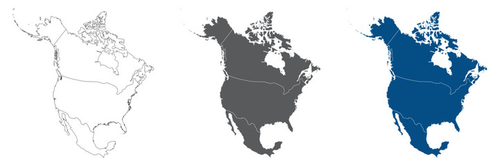 North America Line Map Set with White Blue and Grey Color Variations. North America with country plain set.