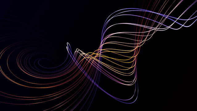 Multicolored glowing plasma energy strings forming dynamic digital waves on futuristic abstract background.