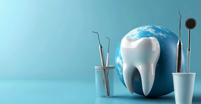 international dental health day, a globe, a tooth, and dental tools on a blue background 