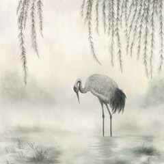 Obraz premium A serene watercolor depicting a crane wading in a misty pond beneath weeping willow branches