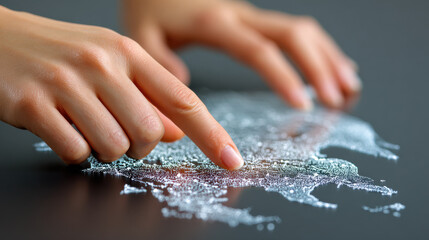 Interactive touchscreen map with finger exploring global expansion concept in cool blue light and data texture