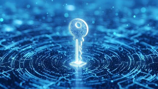 Digital key for data privacy and cyber security. Network protection and secure access control. Glowing holographic key standing on high tech electronic circuit board