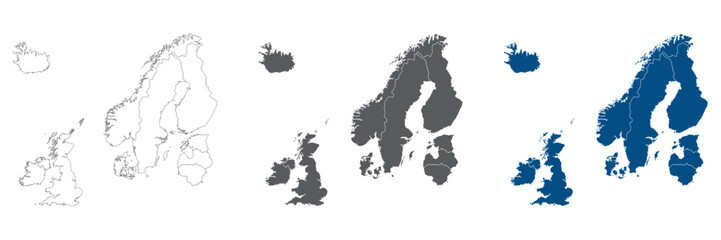 Obraz premium Northern Europe Line Map Set with White Blue and Grey Color Variations. Northern Europe country plain map.