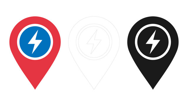 Electric vehicle charging location icon set map pin symbol for power stations, ev charge points