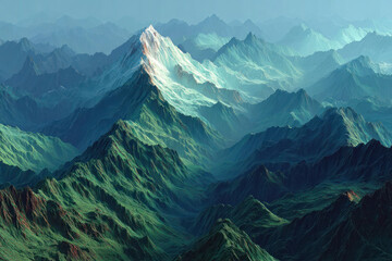 A fantasy mountain landscape with multi-layered ridges receding into space.  