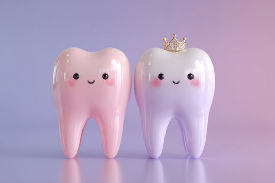 A cute 3D illustration of two smiling teeth in pastel pink and lavender shades on a soft gradient background.  