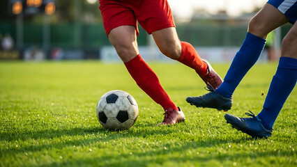 Obraz premium Soccer players competing for the ball on a green field during a match with one in red and the other in blue uniforms