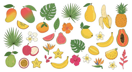 Obraz premium Vibrant hand drawn tropical fruits and exotic green leaves are beautifully arranged creating a colorful collection of delicious healthy food and lush foliage elements on a white background.
