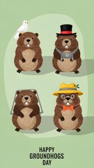 Groundhog day celebration with four furry friends predicting spring arrival