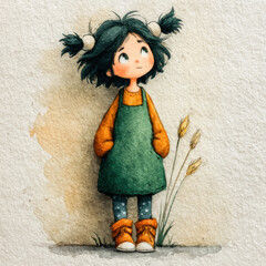 Naklejka premium A delicate watercolor illustration of a little girl with tousled dark hair pulled back into two ponytails. 