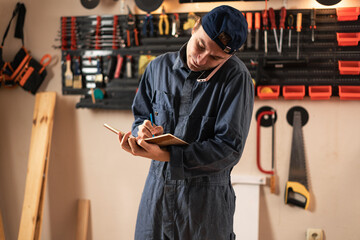 Handyman taking notes in notebook while talking with client on mobile phone in workshop