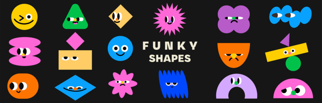 Abstract geometric character cheerful face shapes. Doodle Cute design emotion elements in cute style with mouth, eyes, different mood vector elements collection.