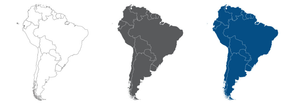 South America Line Map Set with White Blue and Grey Color Variations. Map of South America in plian set.