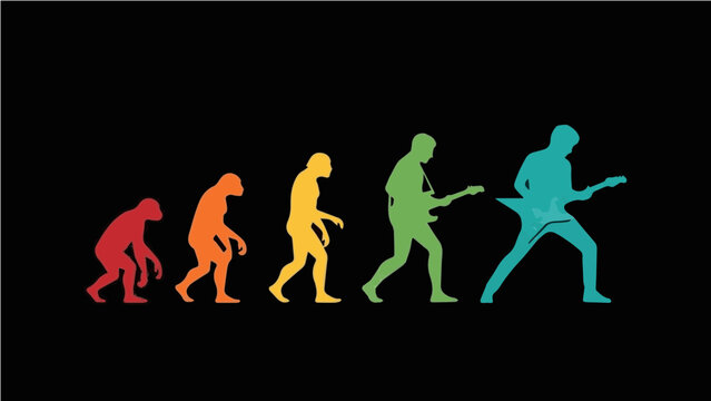 Evolution of Man to Guitarist - Colorful Silhouette Graphic of Human Progress from Ape to Rock Star with Electric Guitar