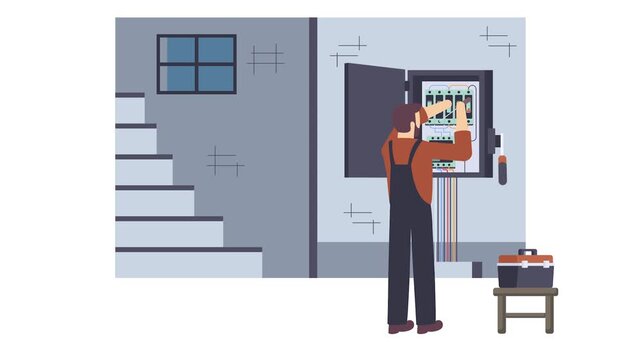 Electrician performing tests on disconnector box animation, isolator switch mechanical fastening animated video,Electric profession clip,High Voltage Power Supply footage Handyman Repairman motion