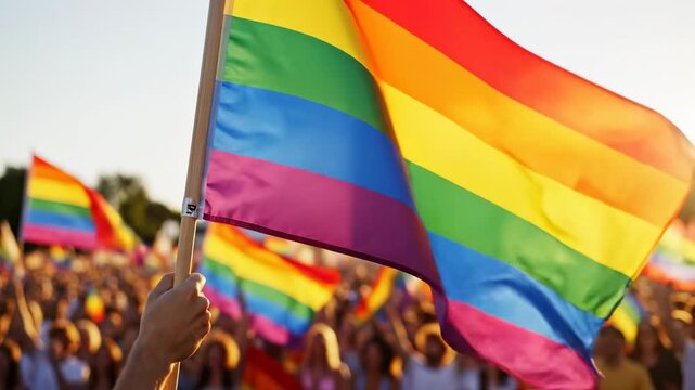 Close up of hand raising rainbow pride flag against backdrop of blurred crowd during sunny festival, representing lgbtq plus solidarity, freedom, and community celebration