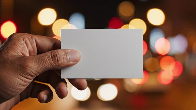 A hand reaches forward, displaying a blank card against a dazzling backdrop of colorful, blurred city lights at night, inspiring thoughts of potential and artistry.