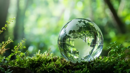 A crystal ball reflecting a serene forest landscape with lush greenery and a clear globe on a mossy surface