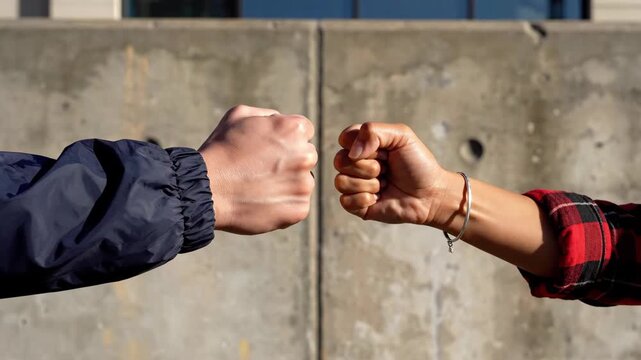 Fists come together in a powerful display of unity against a textured concrete backdrop. This artistic representation captures the essence of strength and solidarity in the urban landscape.