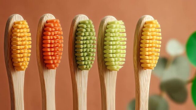 Colorful bamboo toothbrushes with vibrant bristles in orange, green, and yellow arranged in a row against a warm background showcasing eco-friendly dental care products