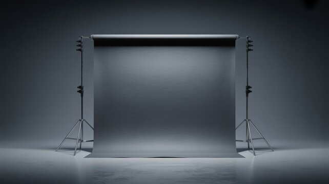 Professional photography studio with a neutral grey seamless backdrop setup