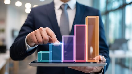 A professional businessperson interacting with a holographic bar graph on a digital tablet in a modern office environment